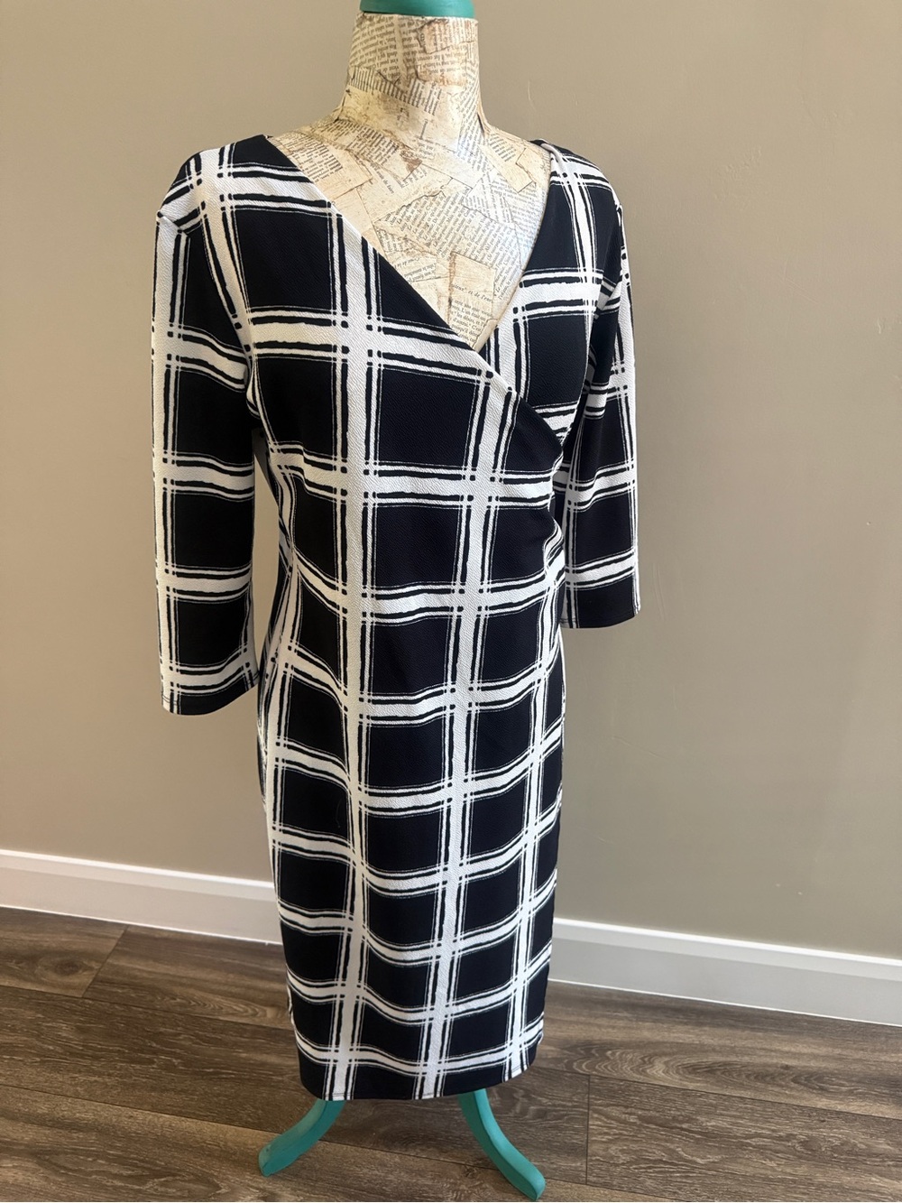 Black & White Plaid Midi Wrap-Style Dress